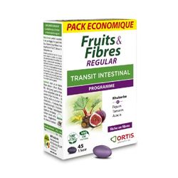 Ortis - Fruits & Fibres Regular Pack Economique 45 Comprimés - Complément Alimentaire pour Favoriser le Transit Intestinal - Paresse Intestinale Régulière - 100% Naturel à base de Rhubarbe