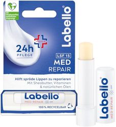 Labello Med Repair Baume à lèvres sans huile minérale SPF 15 et vitamine E pour lèvres gercées, baume à lèvres au beurre de karité et huiles naturelles (4,8 g)