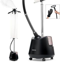 Fridja F1200 - Plancha de Vapor Vertical con Cepillo de Vapor de alta eficacia, depósito de 3 litros, Vaporizador de 2 modos, barra extensible, Centro de Planchado para todos los tejidos, color negro