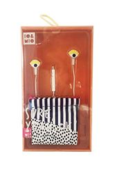 Io&Mio Auriculares In-Ear con Micrófono, Sonido Estéreo y Jack de 3.5 mm con Cable, con Pieza de PVC en Forma de Ojo, Bolsa de Transporte con Estampado de Rayas y Lunares en Azul, Blanco y Negro