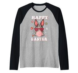 Happy Easter Cute Bunny Face With Bubble Gum Glasses Camiseta Manga Raglan