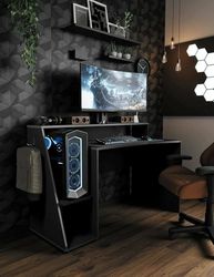 Dmora Lot Desk, Multipurpose Writing Desk, Office Table for PC Holder, Worktop, 138 x 67 x H 94 cm, Dark Grey, Black