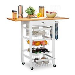 Relaxdays 10024986 Desserte de cuisine, plan de travail pliant, bambou, bloc-couteaux, chariot, paniers, range-bouteilles, blanc, MDF, acier, 89 x 60 x 49 cm