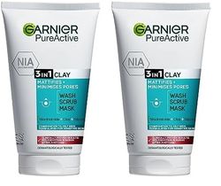 Garnier Pure Active 3in1 Clay Mask-Wash-Scrub 150ml, With Clay, Eucalyptus & Salicylic Acid, Face Cleanser For Oily Skin, Packaging May Vary (Pack of 2)