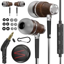 Symphonized® Ecouteurs Filaire avec Microphone Premium Basses de 8 mm avec Son 3D en Bois de Bubinga, Ecouter Reducteur de Bruit Actif, Fil Jack 3,5 mm, contrôle du Volume Mobile, PC et Tablette NRG
