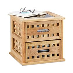 Relaxdays Mesa auxiliar quadrada com duas gavetas, madeira de nogueira, castanho, 34 x 34 x 34 cm