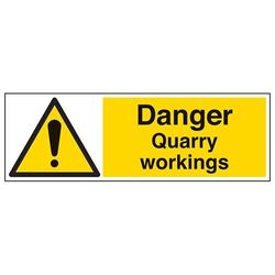 VSafety Signs 67085BP-S "Danger Quarry Working's" varningsbyggnadsskylt, självhäftande, landskap, 600 mm x 200 mm, svart/gul