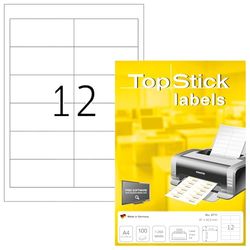 TopStick 8711 universele etiketten A4, set van 10 stuks (96,5 x 42,3 mm, 1.000 velle, papier, mat) zelfklevend, bedrukbaar, permanente klevende adreslabels, 12.000 etiketten voor printer, wit