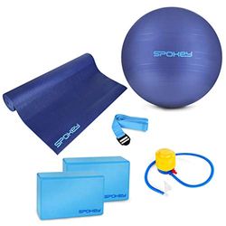 Spokey Asteya - Set da Yoga e Fitness, 6 Pezzi, 1 Tappetino in PVC, 173 x 61 x 0,4 cm, 2 Blocchi da 3" x 6" x 9", 1 Palla da Fitness Ø 65 cm con 1 Pompa per Palline, 1 Cinghia per Yoga 83 x 3,8 cm