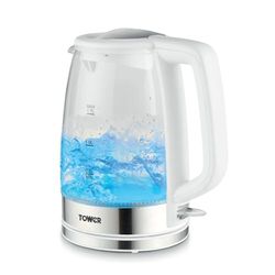 Tower PT10090WHT Illuminating Glass Kettle with 1.7L Capacity, 2200W, White & Stainless Steel