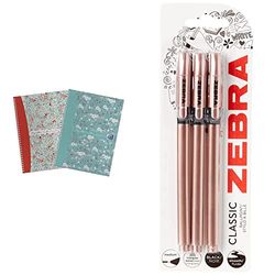 Oxford A5 Floral and Bloom, 140 Pages, Scribzee Enabled (Twin Pack) & Zebra Classic Rose Gold Ballpoint Pens, Black Ink, Pack of 3