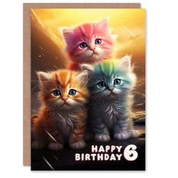 Artery8 6th Birthday Greeting Card Cute Rainbow Kittens Kids Age 6 Year Old Child