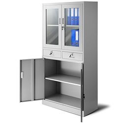 Jan Nowak Armoire à dossiers C017 de Bureau avec 2 Tiroirs 2 Compartiments Revêtement en Poudre Tôle d'acier 185 cm x 90 cm x 40 cm (Gris)