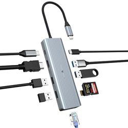 USB C-adapter, USB C-dockingstation met HDMI 4K, ondersteunt dubbele monitor, USB C 3.0, 4 USB-poorten, 100 W PD, SD/TF, ethernet, compatibel met MacBook Windows