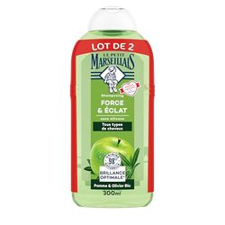 Le Petit Marseillais | Shampooing Force & Éclat Pomme & Olivier Bio (lot de 2 flacons de 300 ml) – Shampoing sans silicone pour cheveux normaux – 98% d'origine naturelle pour une brillance optimale