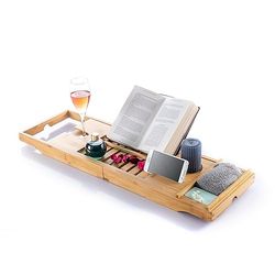 InnovaGoods - Plateau de Baignoire Bambou Extensible, Confort Spa Maison, Antidérapant, Support Livre/Tablette/Smartphone et Verre, Marron, Standard, Bambou