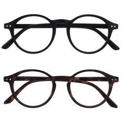 OPULIZE REY Occhiali da Lettura - Pacco da 2 - Montatura Rotonda Retro - Nero Opaco, Marrone Tartarugato - Uomo Donna - Cerniere a Molla - RR56-12 - +1.00
