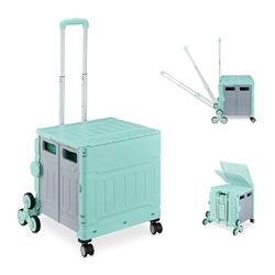 Relaxdays Carrello per Spesa Montascale, 50 kg Carico, Manico e Coperchio, Carrellino Trolley Portaspesa, Azzurro Grigio, Ferro, 93 x 52,5 x 47 cm