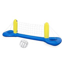 BESTWAY - Opblaasbaar volleybalspel met bal - Buitenspel - 52133 - Blauw en Geel - Drijvend - Vinyl - 252 cm x 64 cm - Kind - Opblaasbaar - Zwembadspel - Strandspeelgoed - Vanaf 3 jaar