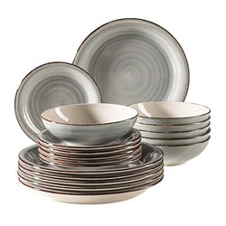 MÄSER 931875 Bel Tempo II Lot de 18 assiettes en céramique peinte à la main pour 6 personnes au look vintage moderne Bleu fumé