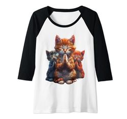 Mujer Meditar Gatito Santo Gato Mediador Fe Dios Religión Camiseta Manga Raglan