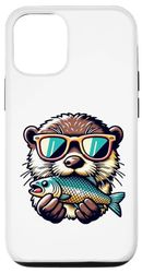 Carcasa para iPhone 13 Divertida nutria de aspecto vintage con gafas de sol comer pescado