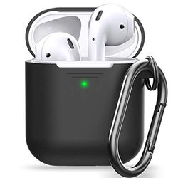 Keybudz PodSkinz AirPods fodral upphöjd [främre LED synlig] skyddande silikonskydd kompatibel med AirPods 1 & AirPods 2 (Gen 2) (med karbinhake, svart)