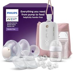 Philips Avent startset med handsfree-bröstpump, motor med sjukhusstyrka, efterliknar barnets drickrytm, pumpar upp till 85 gånger per minut, med matnings- och förvaringsprodukter, modell SCD553/11