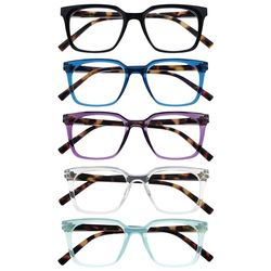 OPULIZE KOI Occhiali da Lettura, Confezione da 5 - Rettangolare - Nero-Blu-Viola-Trasparente-Verde Acqua - Unisex - Cerniere a Molla - RRRRR50-135CQ - +1.00