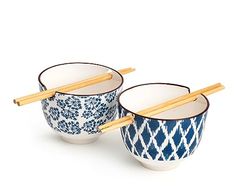 H&H Silke Set 2 Porslin Boli med träpinnar, olika dekorationer, 13 x H10cm, Blå och vit, 13 cm