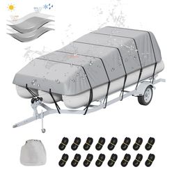 VEVOR Housse de Bateau Ponton de 579 à 609 cm, Bâche de Bateau Imperméable 800D de Qualité Marine et Remorquable, Couverture de Protection avec Housse de Moteur, 16 Sangles à Boucle Coupe-Vent, Gris