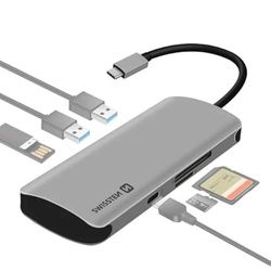 Swissten - Adaptador HUB USB-C 6 en 1 con 3X USB 3.0, Puerto USB-C Power Delivery, Entrada Micro-SD/SD, Swissten - Gris