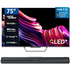 Metz Smart TV, MQE7600Z, 75", QLED, 4K, UHD, HDR 10+, Google TV, Matte Screen, Eye Care, Flicker-Free, Auto Ambient Light Sensor, HDMI, USB, Grigio Soundbar Bluetooth, MSE3001Z