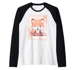 Kawaii Fox Boba Anime Fox Loving Bubble Tea Neko Maglia con Maniche Raglan