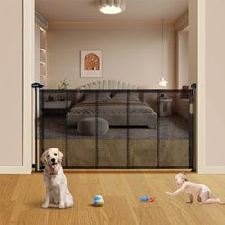 VEVOR Barrera de Seguridad Extensible hasta 153 cm Puerta Mágica para Perros Alto de 87 cm Puerta Retráctil para Bebés Abrir con Una Mano Vallas de Malla para Niños Perros Pasillo Escaleras, Negro