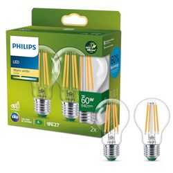 Philips, ampoule LED Ultra Efficient classe A, culot E27, transparente, équivalent 60W, blanc chaud 2700K, verre, lot de 2