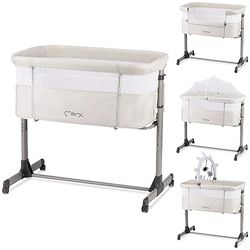 Momi Revo Multifunctionele bijzet- en kinderbed, 6-traps in hoogte verstelbaar van 72 tot 82 cm, met wielen, incl. matras, bevestigingsriemen, insectenbescherming en beugel met speelgoed