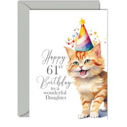 61st Birthday Cards for Daughter - Party Cat Kitten - Happy Birthday Card for 61 Year Old Daughter from Mum Dad, A5 Bday Woman Women Her Greeting Cards Gift for Daughter Birthday Gifts