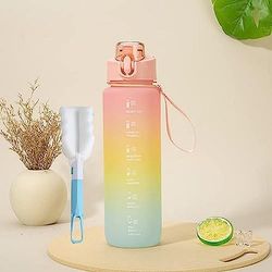 Lumeiy Botella de agua deportiva, 1000 ml con escala, cepillo para tazas, olla directa de gran capacidad, perfecta para deportes al aire libre, fitness, camping y escuela, color rosa