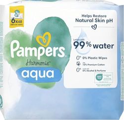 Pampers Harmonie Aqua Chusteczki Nawilżane dla Niemowląt i Dzieci, 288 Sztuk (6 x 48), Pomagają Zachować Naturalne Ph Skóry, Wykonane w 99% z Czystej Wody