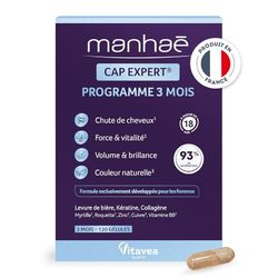 Manhaé - Cap Expert - Complément alimentaire - Chute de cheveux, force, volume, brillance - Biotine (vitamine B8), levure de bière, kératine, collagène, minéraux - 120 gélules - Fabriqué en France