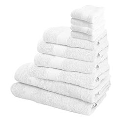 WELL HOME MOBILIARIO & DECORACIÓN Set of 10 Bath Towels: 4 Courtesy Towels 30 x 50 cm; 4 Basin Towels 50 x 90 cm; 2 Shower Towels 70 x 140 cm 450 g/m² 100% Cotton White