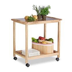 Relaxdays Carrinho de cozinha de 2 níveis com placa de vidro, madeira de nogueira, castanho, 62 x 66 x 38 cm