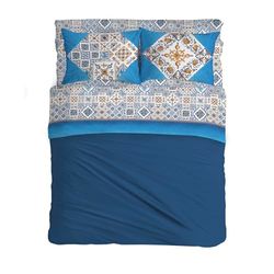 PENSIERI DELICATI Parure de lit Double 100% Coton, Parure de lit Double 180 x 200 cm, avec Drap Plat, Dessus et 2 taies d'oreiller, fabriquée en Italie, Motif faïence Bleu