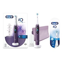 Oral-B iO 8 Cepillo de Dientes Eléctrico Violeta con Mango Recargable, Tecnología Magnética iO, 1 Cabezal de Recambio, Pantalla a Color, Funda Magnética + 4 Cabezales Blancos Ultimate Clean