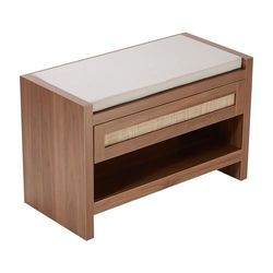 VEVOR Banco de Ratán para Zapatos de 786 x 374 x 500 mm, Banco con Cajón de Almacenamiento y Cojín de Lino, Banco Bohemio de Estilo Rústico con Ratán Tejido a Mano para Sala de Estar, Color Madera