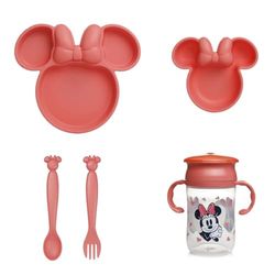 Disney Minnie serviesset voor kinderen, met vakken, kom, lepel, vork en leerbeker, 360 graden, grappig en praktisch design voor babymaaltijden