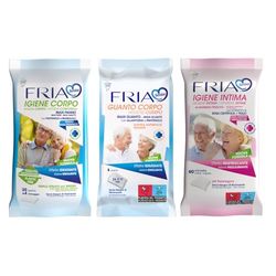 Fria Senior Kit Igiene Quotidiana: 60 Salviette Igiene Intima + 24 Panni Corpo Idratanti + 8 Guanti Lavaggio Corpo, Soluzione Delicata per Anziani e Pelli Sensibili