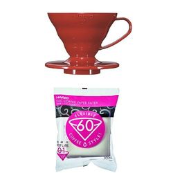 Hario V60 Red Coffee Dripper 01 with White V60 Paper Filters 100 Sheets & Measuring Scoop