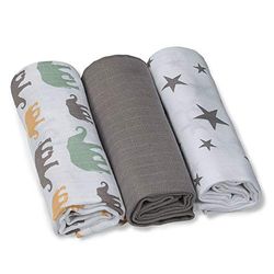 GRÜNSPECHT Lot de 3 couches en gaze 70 x 70 cm en 100% coton, sans azurant optique, doux pour la peau et absorbant, gris, étoiles, éléphants (1500-V5)